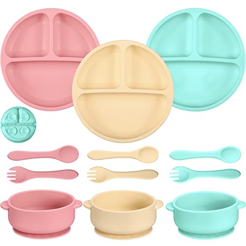 Chengu 12 Pcs Silicone Bowl with Suction Set for Baby Toddler with Suction Plate, Spoon and Fork, Divided Design Baby Feeding Utensils Weaning Kit, Dishwasher and Microwave Safe