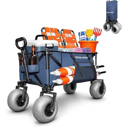 X800 Heavy Duty Beach Wagon with 9x4 Balloon Wheels – 200L Foldable Wagon Cart, 41" Collapsible Utility Wagon with Side Bag for Beach Essentials, Sports, Camping & Outdoor (Navy Blue)