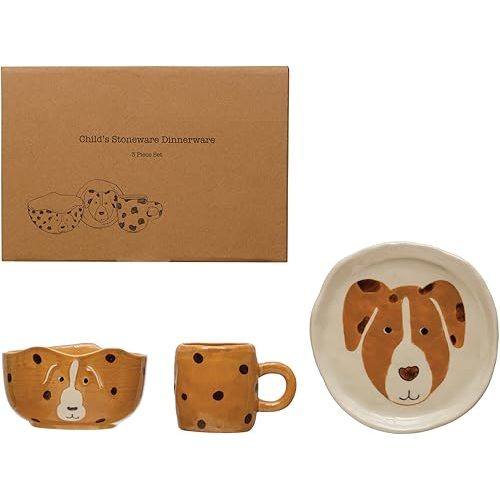 Creative Co-Op Child's Stoneware Dinnerware with Painted Dogs, Boxed Set of 3 Pieces