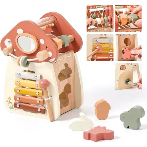 Youuys Wooden Activity Cube - 11-in-1 Montessori Toys for 1+ Year Old Boys & Girls, Multipurpose Educational Sensory Toys for Toddler, First Birthday Gift, Busy Board Toys for 18 Months (Mushroom)