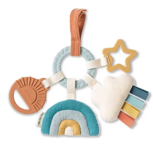 Itzy Ritzy Teething Activity Toy - Bitzy Busy Ring Infant Teething Toy Features Braided Ring & Dangling Toys, Includes Teether, Textured Ribbons, Crinkle Sound & Jingle Bell - 0 Months & Up (Rainbow)