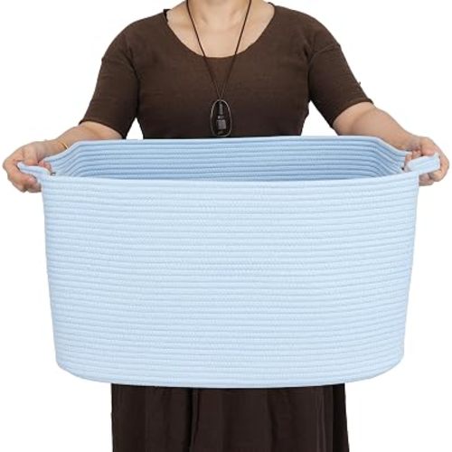 XUANGUO Large Rectangle Woven Cotton Rope Blanket Basket 22"x17"x12" Blue