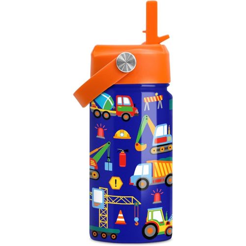 Construction Water Bottle - Kids Water Bottle with Straw Lid - 12 Oz Insulated Stainless Steel Water Bottles for Kid Boys - Travel Cup for School Sports