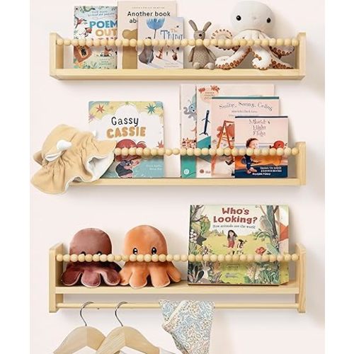Nursery Book Shelves for Wall 24inch Set of 3, Natural Wood Bookshelf Wall Decor, Floating Shelf Organizer for Kids Room, Bedroom, Kitchen Spice Rack