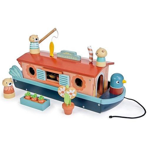 Tender Leaf Toys - Little Otter Canal Boat - 23 Pcs Furnished Wooden Boat Toy with Removeable Roof and Animal Figures - Gender-Neutral Open-Ended Play Set for Story Telling - Age 3 +