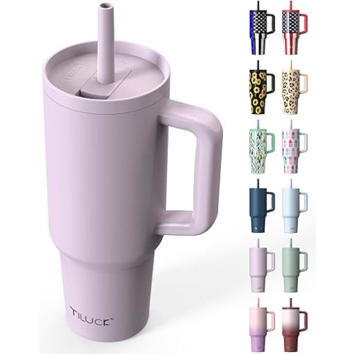 TILUCK 40 oz Tumbler with Handle, Vacuum Insulated Stainless Steel Travel Mug with 100% Leak-Proof Silicone Straw Lid, Cupholder Friendly Water Bottle(LightPurple, 40oz)