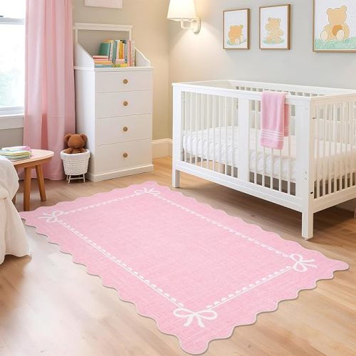GarveeHome Scalloped Bow Rug for Living Room, Solid Pink Rug for Dorm, Washable Rugs 3x5 Soft Low Pile Non Slip Scalloped Rugs for Nursery Bedroom Decor Hallway Kids Room Playroom
