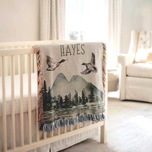 Personalized Mallard Duck Baby Blanket: Woodland Woven Cotton Quilt