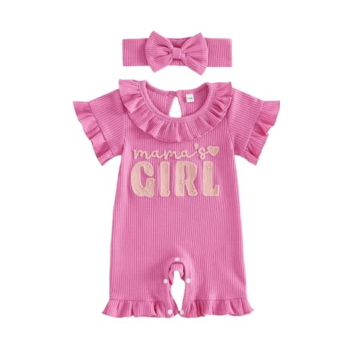 Sejardin Baby Girl Romper Letter Embroidery Newborn Infant Summer Clothes Short Sleeve Ruffle Crew Neck Jumpsuit Headband