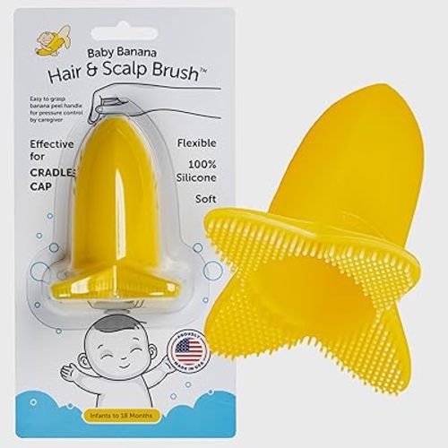 Baby Banana Hair & Scalp Brush for Cradle Cap and Bathtime, Made in USA, Infant to 12 Months, Gentle Flexable, Variable Pressure Scalp and Body Scrubber, Essential Shower Gift, Woman-Owned Business