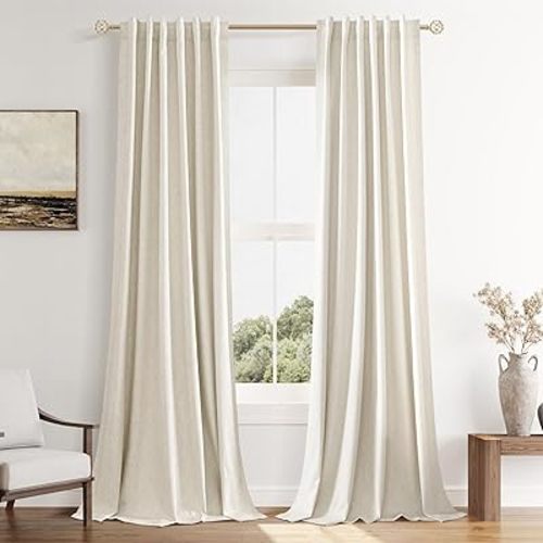 Guken Beige Cream Linen Blackout Curtains 42 Inch Wide by 90 Inch for Living Room Bedroom Back Tab Thermal Insulated 100% Black Out Linen Drapes Room Darkening Window Curtains