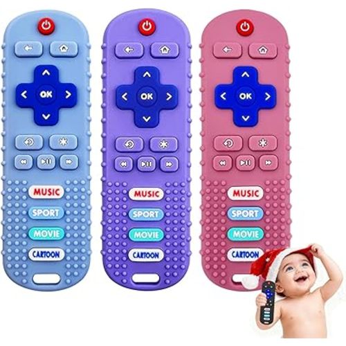 3 Pack Remote Control Shape Silicone Teethers for Babies Chew Toys, Teething Toys for Infant Toddlers,Baby Remote Control Toy, teethers for Babies 6-12 Months (Purple&Blue&Pink)
