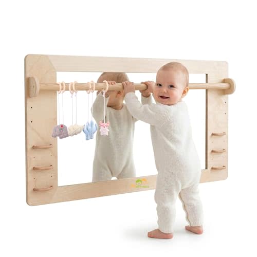 Coordination Montessori Toddler Mirror with Handle Wooden Shatterproof Acrylic Non Glass Safety Early Learning to Walk Standing Mirror for Babies Nursery Playroom Wall Mounted 47.24"