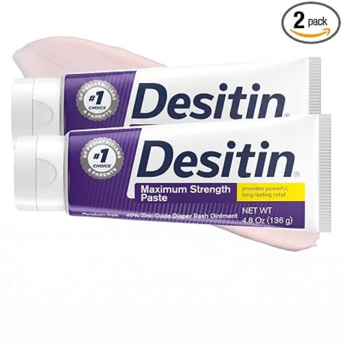 Desitin Maximum Strength Baby Diaper Rash Cream, 40% Zinc Oxide for Treatment, Relief & Prevention, Hypoallergenic, Phthalate- & Paraben-Free Paste, Protects Skin for 12 Hours, 4.8 oz (Pack of 2)