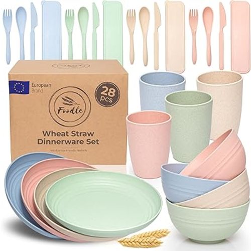 FOODLE Wheat Straw Dinnerware Set - BPA Free & Safety Tested - Dishwasher & Microwave Safe - Toddler & Kids Plates and Bowls Sets - Plastic Plates Reusable - Perfect for RV, Camping Dishes - For 4