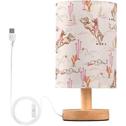 Cute Rodeo Cowgirl LED Table Lamp - Modern Minimalist Bedside Lamp with Round Flaxen Fabric Shade for Nightstand, Perfect for Bedroom Ambiance