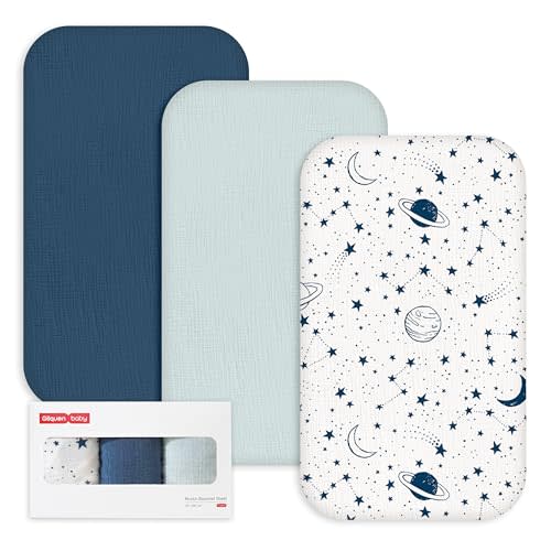 Gllquen Baby 3-Pack Muslin Cotton Bassinet Sheets, 33"x20" Fitted Crib Sheets for Bedside Sleeper & Travel Crib, Oeko-TEX Certified Soft Breathable Sheets, Easy On/Off (Planet)