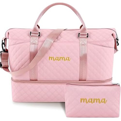 Mama Hospital Bag for Women Labor Delivery Travel Duffle Bag with Shoe Compartment and Toiletry Pouch Waterproof Letter Embroidered for Pregnancy Weekender Overnight Gym Gift, Pink
