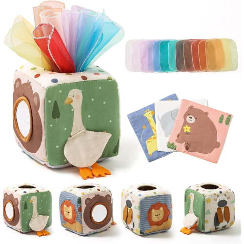 Baby Tissue Box Toy for Babies 6-12 Months, Montessori Sensory Toys for 1 Year Old Boy, Infant Toy with Crinkle Tissues & Fine Motor, for 6 9 12 18 Months Old Kids 1st Birthday