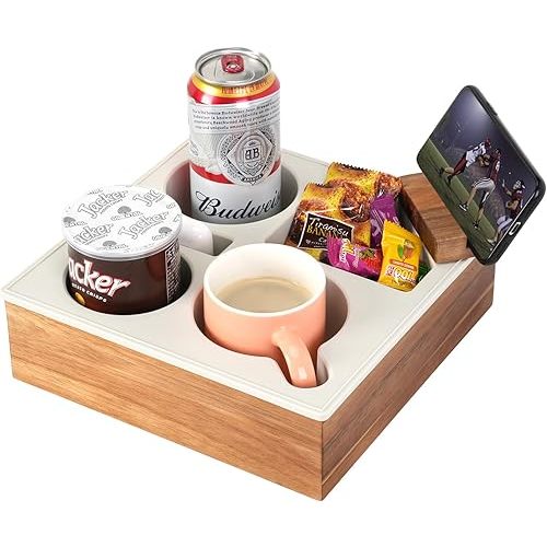 Couch Cup Holder Tray, Handy Soft Silicone Acacia Wooden Couch Caddy for Bed Car Seat Beach Organizer, Waterproof Anti-Spill Sofa Cup Holder for Snacks Beverage Remote (White)