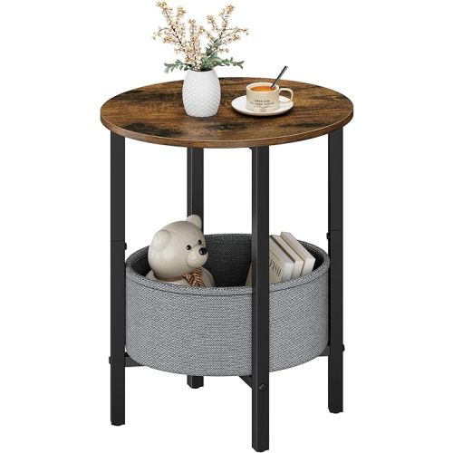 Round Side Table End Table with Storage Basket, Small Side Table Round Nightstand for Small Spaces, Tall Oval End Table with Steel Frame, Coffee Bedside Table for Living Room, Rustic Brown