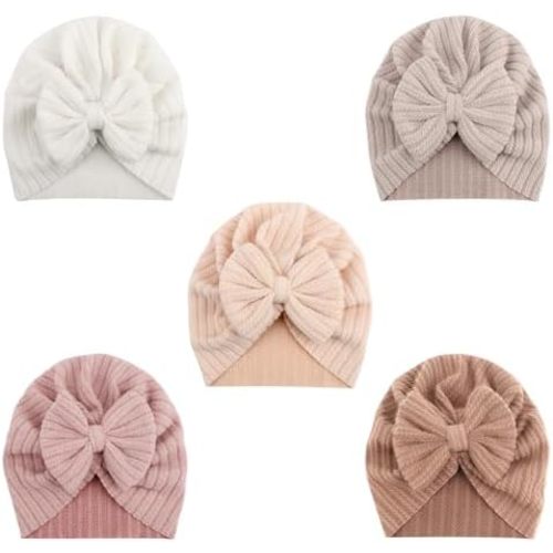 DRESHOW BQUBO 5 Pieces Newborn Baby Turban Hats Bow Baby Infant Beanie Breathable Toddler Cap for Baby Girls