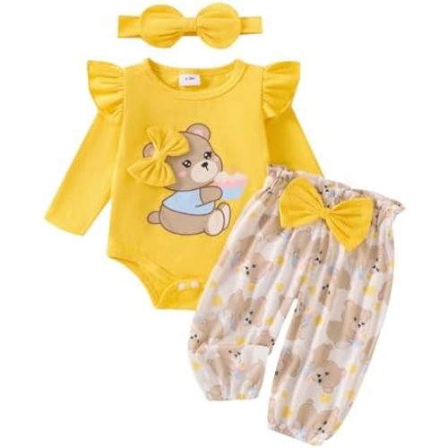 Newborn Infant Baby Girl Outfits Ruffle Bear Long Sleeve Romper Bodysuit Tops Pants Set Cute Fall Winter Clothes