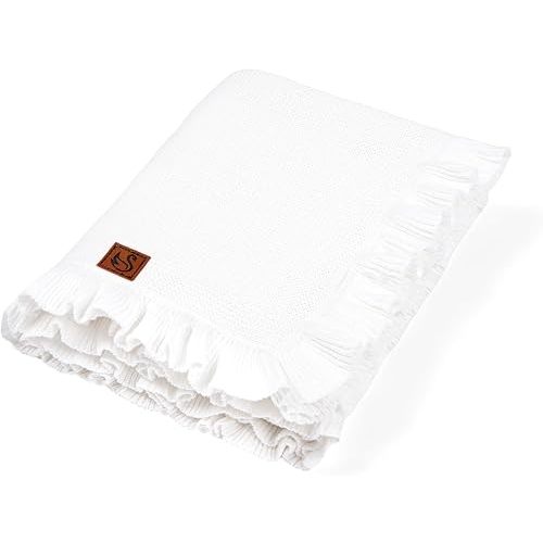 SWaddle AN Ruffle Knit Blanket for Baby - 100% Luxury Soft Cotton Knit Warm Cozy Cuddle Stroller Crib Blanket for Newborns, Infants, & Toddlers (White)