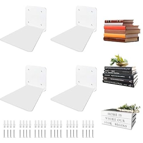 Invisible Floating Bookshelf - Modern White Wall Mount Metal Shelves for Room, Bedroom Bookcase, Small Bookshelf with Minimalist Design, Sleek Storage for Books & Decoratives(4PCS)