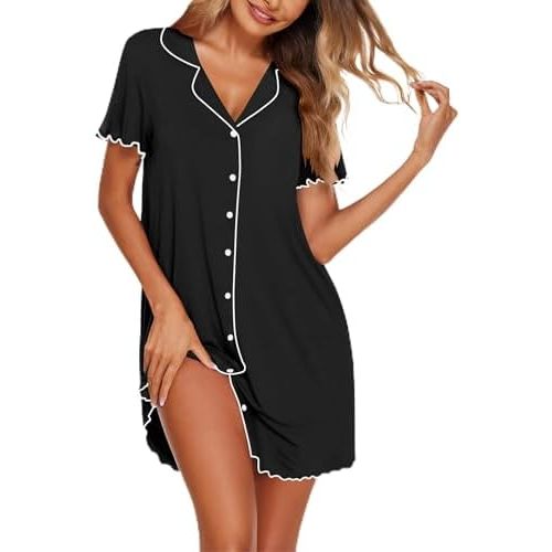 Ekouaer Cotton Nightgowns for Women Button Down Sleep Shirts Short Sleeve Night Gown Boyfriend Sleepwear Soft Night Shirts