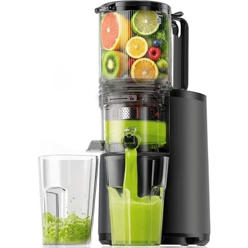 Cold Press Juicer Machines, EUHOMY 5.5" Wide Feed Chute, Slow Masticating Juicer for Whole Vegetables and Fruits, 99.6% High Juice Yield, Easy to clean, Juicer Machines with BPA Free, Black