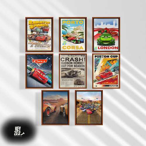 Cars Movie Printable Poster Collection – 8 Retro Art Designs (Digital Download)