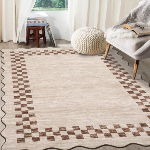 Acekool Taupe 9x12 Washable Scalloped Area Rug Non Slip Low Pile Modern Border Carpet for Living Room Bedroom Dining Room Nursery Home Office