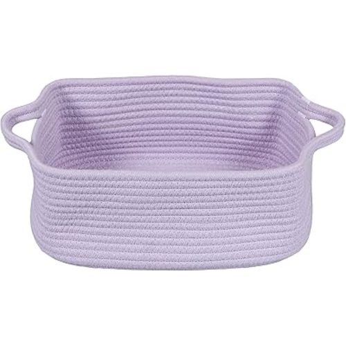 Woven Cotton Rope Storage Basket with Handles for Organizing Shelves Closet Small Cat Dog Pet Toy Baskets Box Bin Decorative Rectangle Baby Nursery basket Gift basket Empty(light purple)