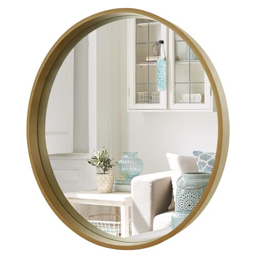 WallBeyond Round Mirror with Wood Frame, 28" Circle Modern Decoration Large Home Decor Mirror for Bathroom Living Room Bedroom Entryway (28" Diameter, Natural Wood)