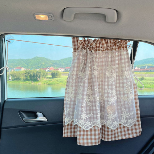 Cute Bear Car Window Sun Shade Double Layer Lace Curtain Car Accessories For Girls Babys Women Kawaii Checked PatternCar Decor