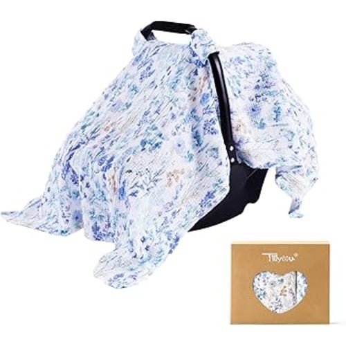 TILLYOU Baby Car Seat Cover, Breathable Muslin Cotton Infant Car Seat Cover, Lightweight Canopy with Sun and Bug Protection(Blue Flower)