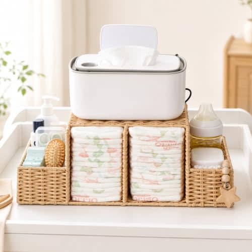 Handwoven Rattan Diaper Caddy Organizer | Nursery Storage Basket for Baby Essentials, Baby Changing Table Organizer Perfect Nursery Assistant