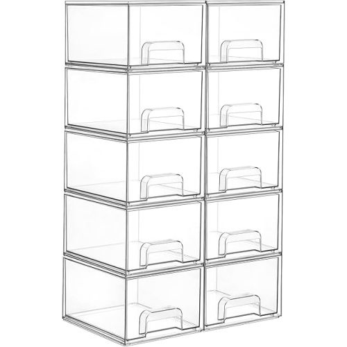 Vtopmart 10 Pack Clear Small Stackable Storage Drawers,Acrylic Bathroom Makeup Organizer,Plastic Storage Bins For Vanity, Undersink, Kitchen Cabinets, Pantry, Home Organization