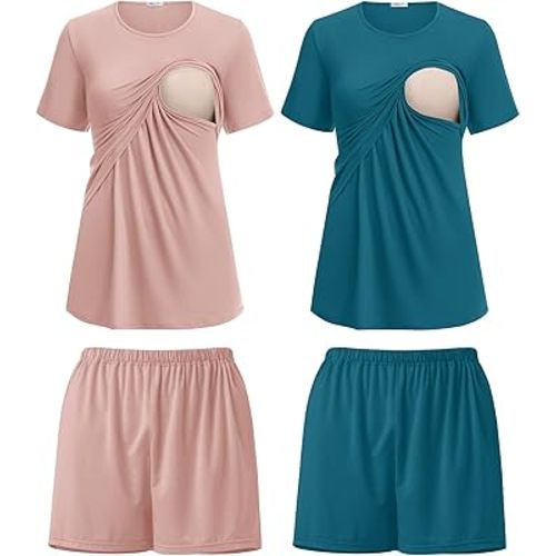 Ekouaer 2 Pack Women's Nursing Pajamas Set Double Layer Maternity Pjs Postpartum Loungewear Set Breastfeeding Tops & Shorts
