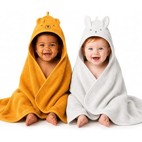 Huxie Hooded Baby Towels – 100% Organic Cotton Baby Bath Towels – Baby Boy and Baby Girl Newborn Essentials - Super-Soft and Absorbent. (2-Pack Rabbit Pearl Grey and Bear Yellow)