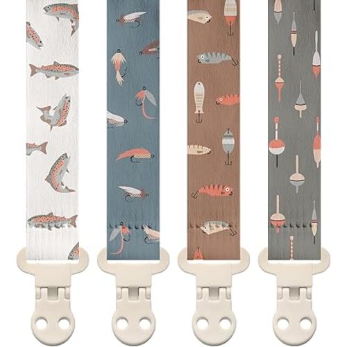 Stadela Baby Pacifier Clip Holder - Girl or Boy Unisex 4 Pack Gift Set – Fishing Theme (Gone Fishing)