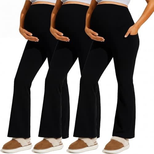 Coume 3 Pack Maternity Flare Leggings Dressy Pregnancy Maternity Pants over the Belly Work Pregnant Sweatpants with Pockets