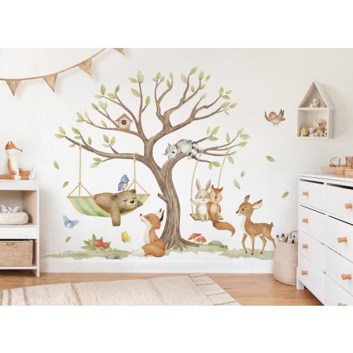 XXL Wall Decal Set for Children's Room, Forest Animals, Wall Stickers for Baby Room, Tree, Fox, Bear, Self-Adhesive Wall Stickers, Decoration