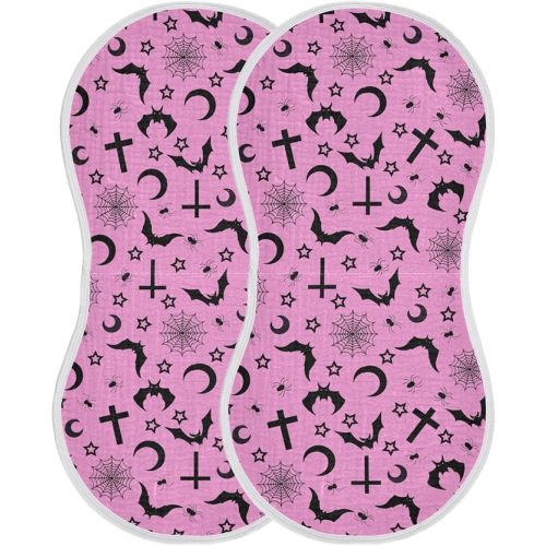 Muslin Burp Cloths for Baby Boys and Girls - 2-Pack Ultra Absorbent Bats Crosses Stars Gothic Muslin Washcloths, Newborn Towel, Milk Spit Up Rags, Burp Cloth Bib for Unisex, 22 x 11 Inch