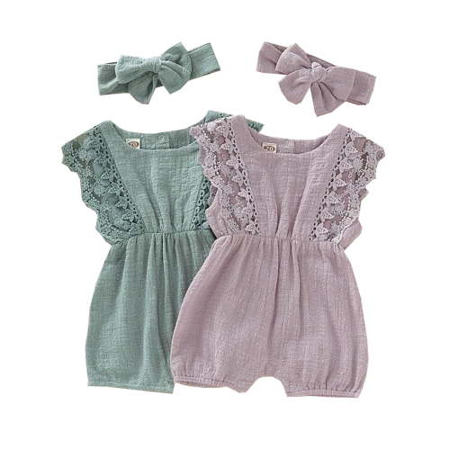 WIBACKER 2-Pack Newborn Baby Girls Romper Toddler Thin Lace Outfit Summer Clothes with Headband