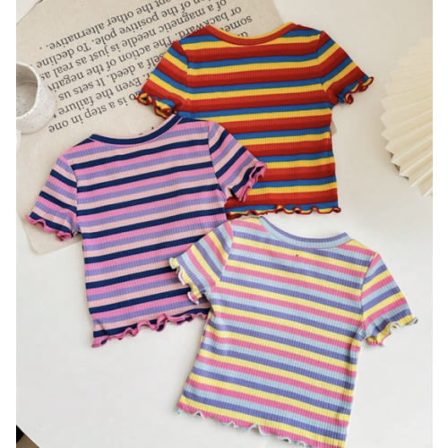 Baby Girl 3pcs/Set Cute Colorful Striped Short Sleeve Knit Tops, Summer