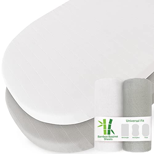 Muslin Bassinet Sheet Fit for Halo, Dream on Me, Ingenuity, Fisher Price, Delta, Graco and Other Oval Bassinet Mattress, 2 Pack Muslin Bassinet Sheet(34"x17") for Baby Boys and Girls, Grey and White