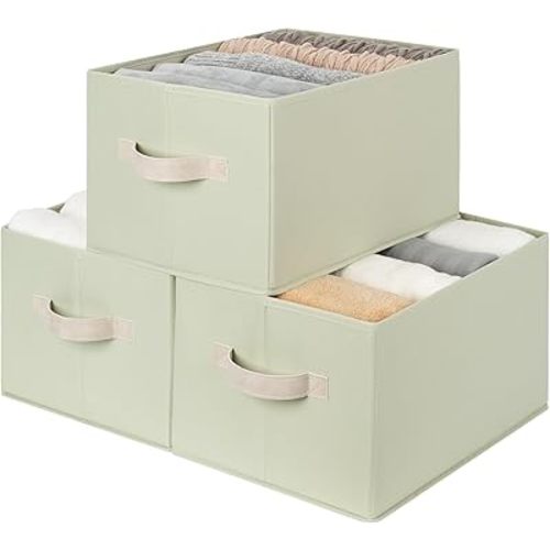 StorageWorks Storage Baskets for Shelves, Foldable Fabric Closet Storage Bins with Handles, Fabric Storage Bins Clothes Organizer, Light Green, 3-Pack, Large