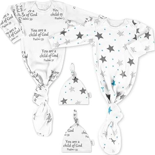 Ocean Drop Designs Baby Gowns 2 Packs (0-6 M) - 100% Cotton Newborn Coming Home from Hospital Outfit, Knotted Gown Baby Newborn, Baby Nightgown, Baby Hospital Outfit, Newborn Outfit for Boys & Girls